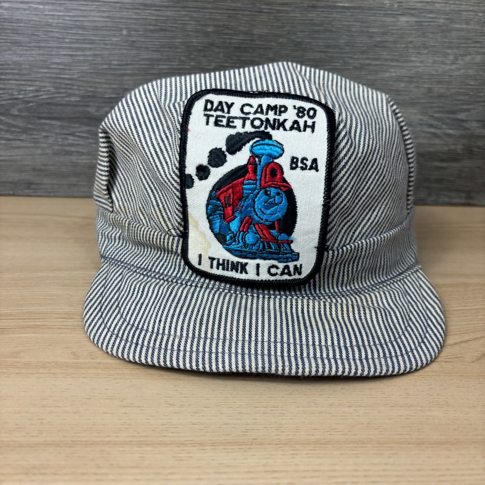 Vintage Conductor Hat Cap 7 1/8 Blue White‎ Hickory Stripe Engineer Teetonka 80s